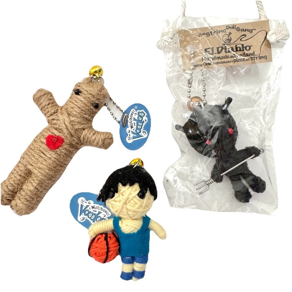 3 Voodoo String Dolls; Keychains, Ornaments Purse Bag Charms El Diablo Baller